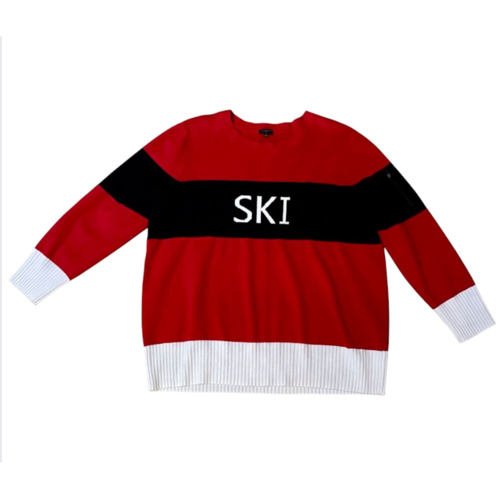 Talbots Plus 2X Red Black Ski Chalet Colorblock Crewneck Sweater